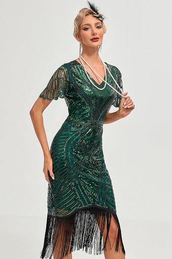 Beading donkergroene Glitter franjes Flapper jurk met accessoires Set