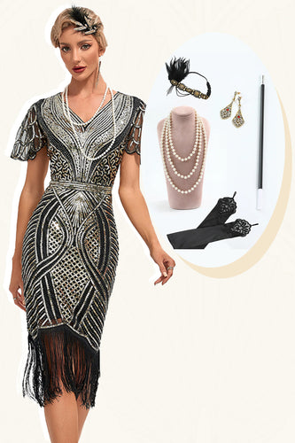 Zwart gouden Glitter franjes jaren 1920 jurk met accessoires Set