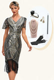Zwart gouden Glitter franjes jaren 1920 jurk met accessoires Set