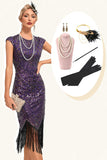 Franjes donker paars kralen jaren 1920 jurk met accessoires Set