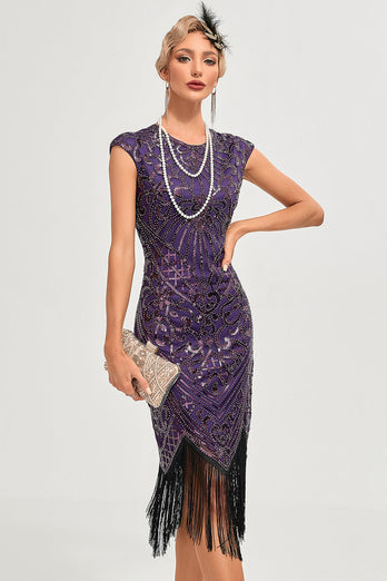 Franjes donker paars kralen jaren 1920 jurk met accessoires Set