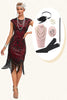 Afbeelding in Gallery-weergave laden, Bourgondische franjes Sparkly Flapper jurk met accessoires Set