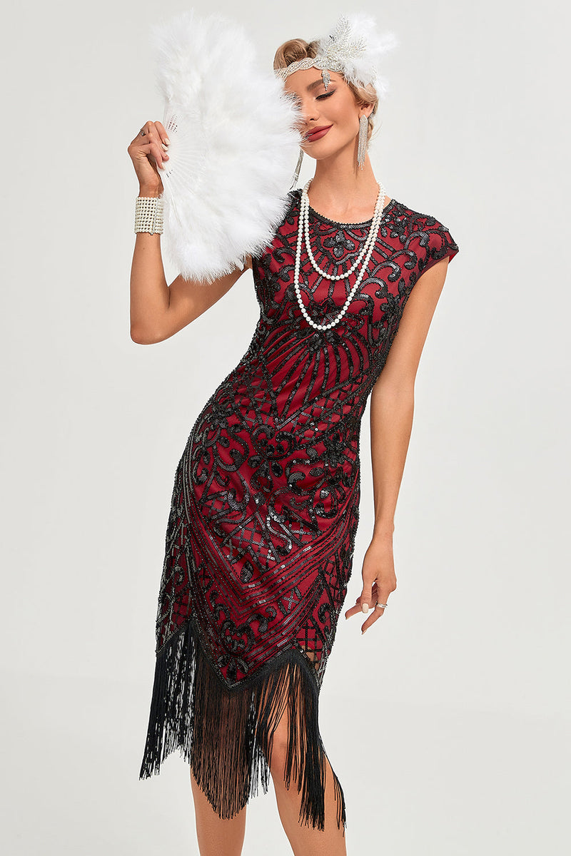 Afbeelding in Gallery-weergave laden, Bourgondische franjes Sparkly Flapper jurk met accessoires Set