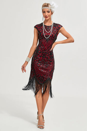 Bourgondische franjes Sparkly Flapper jurk met accessoires Set