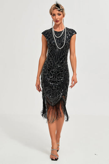 Zwarte mouwloze Glitter franjes jaren 1920 jurk met accessoires Set