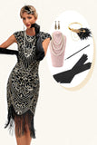 Sprankelende franjes zwart gouden flapperjurk met accessoires set