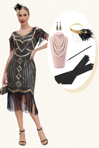 Zwarte gouden koude schouder Fringe jaren 1920 Gatsby jurk met 20s accessoires Set