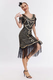 Zwarte gouden koude schouder Fringe jaren 1920 Gatsby jurk met 20s accessoires Set