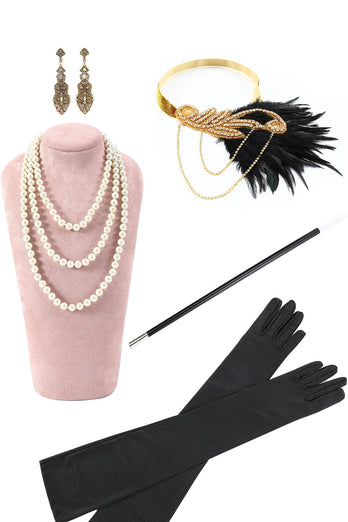 Zwarte gouden koude schouder Fringe jaren 1920 Gatsby jurk met 20s accessoires Set