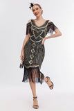 Zwarte gouden koude schouder Fringe jaren 1920 Gatsby jurk met 20s accessoires Set