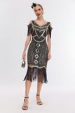 Zwarte gouden koude schouder Fringe jaren 1920 Gatsby jurk met 20s accessoires Set