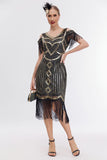 Zwarte gouden koude schouder Fringe jaren 1920 Gatsby jurk met 20s accessoires Set