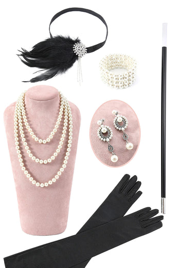 Zwarte gouden koude schouder franjes jaren 1920 Gatsby jurk met 20s accessoires Set