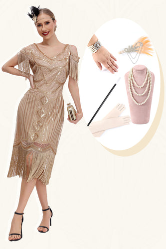 Champagne koude schouder franjes jaren 1920 Gatsby jurk met 20s accessoires Set