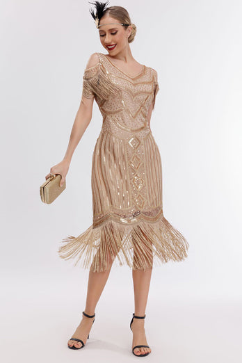 Champagne koude schouder franjes jaren 1920 Gatsby jurk met 20s accessoires Set