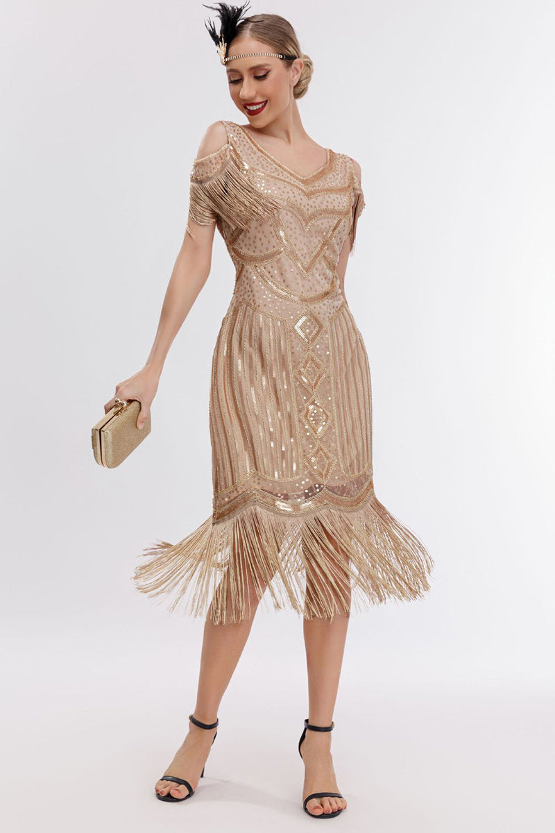 Afbeelding in Gallery-weergave laden, Champagne koude schouder franjes jaren 1920 Gatsby jurk met 20s accessoires Set
