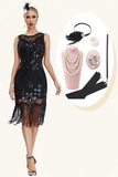 Sprankelende zwarte franje jaren 1920 Gatsby jurk met 20s accessoires Set