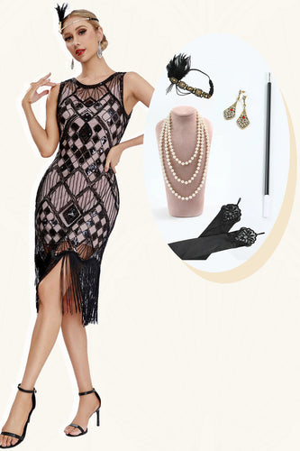 Sprankelende zwarte Blush omzoomde jaren 1920 Gatsby jurk met 20s accessoires Set