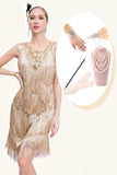 Abrikoos omzoomd jaren 1920 Gatsby jurk met pailletten met 20s accessoires Set