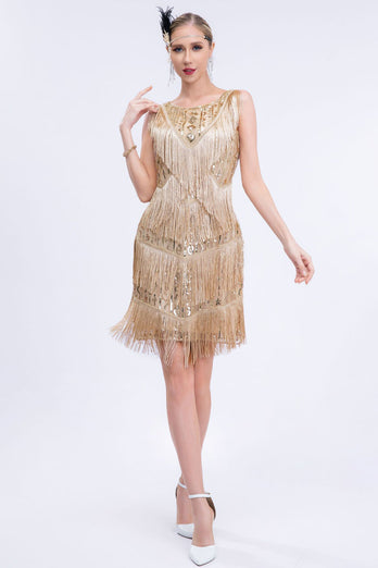 Abrikoos omzoomd jaren 1920 Gatsby jurk met pailletten met 20s accessoires Set