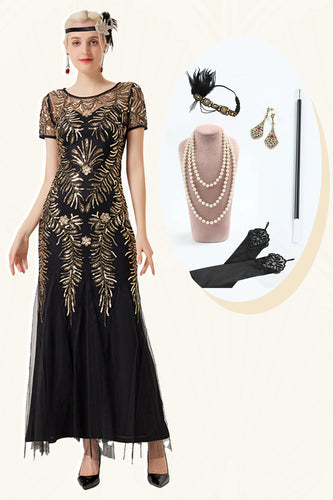 Zwarte gouden pailletten korte mouwen lange jaren 1920 jurk met 20s accessoires Set