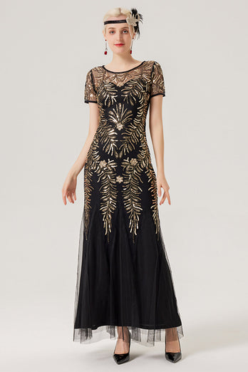 Zwarte gouden pailletten korte mouwen lange jaren 1920 jurk met 20s accessoires Set