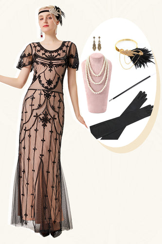 Zwarte Blush pailletten lange jaren 1920 jurk met 20s accessoires Set