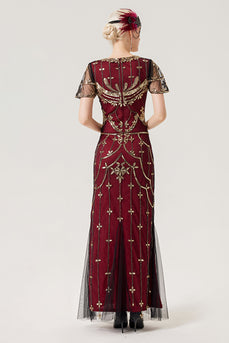 Bourgondische pailletten lange jaren 1920 jurk met 20s accessoires Set