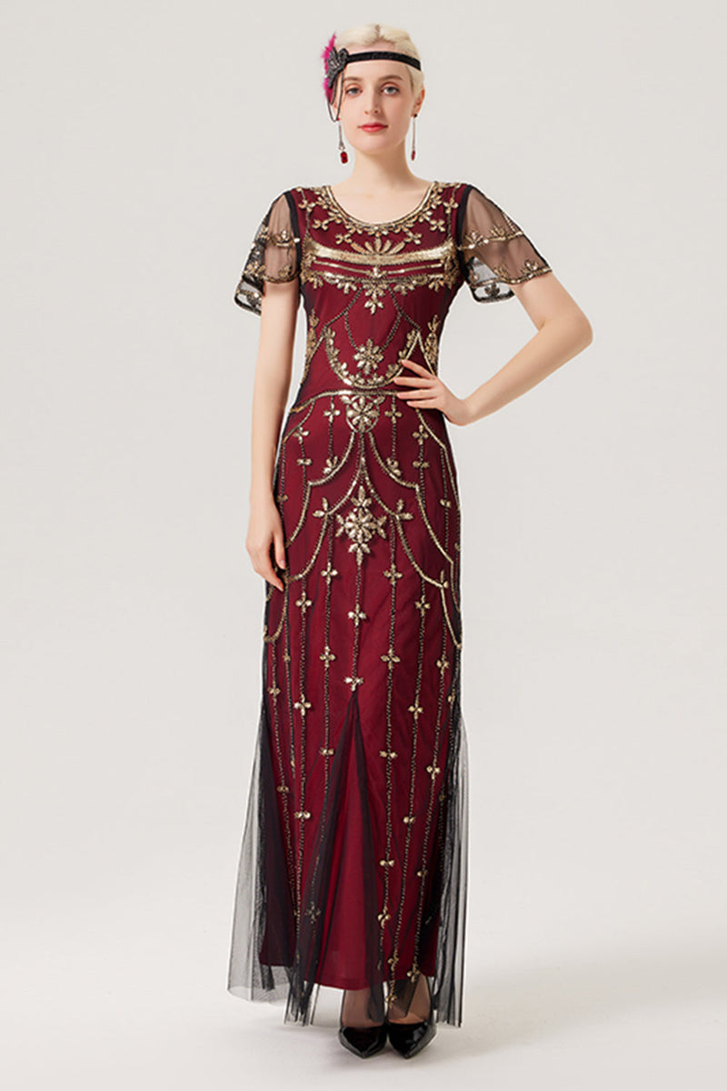 Afbeelding in Gallery-weergave laden, Bourgondische pailletten lange jaren 1920 jurk met 20s accessoires Set