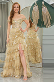 Prinses A-lijn Off The Shoulder Gouden Gelaagde Galajurk met Accessoires Set