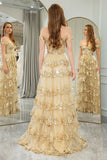 Prinses A-lijn Off The Shoulder Gouden Gelaagde Galajurk met Accessoires Set