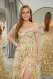 Prinses A-lijn Off The Shoulder Gouden Gelaagde Galajurk met Accessoires Set