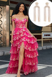 Trendy A Line Off the Shoulder Fuchsia Split Front Corset Prom Dress met Accessoires Set