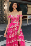 Trendy A Line Off the Shoulder Fuchsia Split Front Corset Prom Dress met Accessoires Set