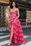 Trendy A Line Off the Shoulder Fuchsia Split Front Corset Prom Dress met Accessoires Set