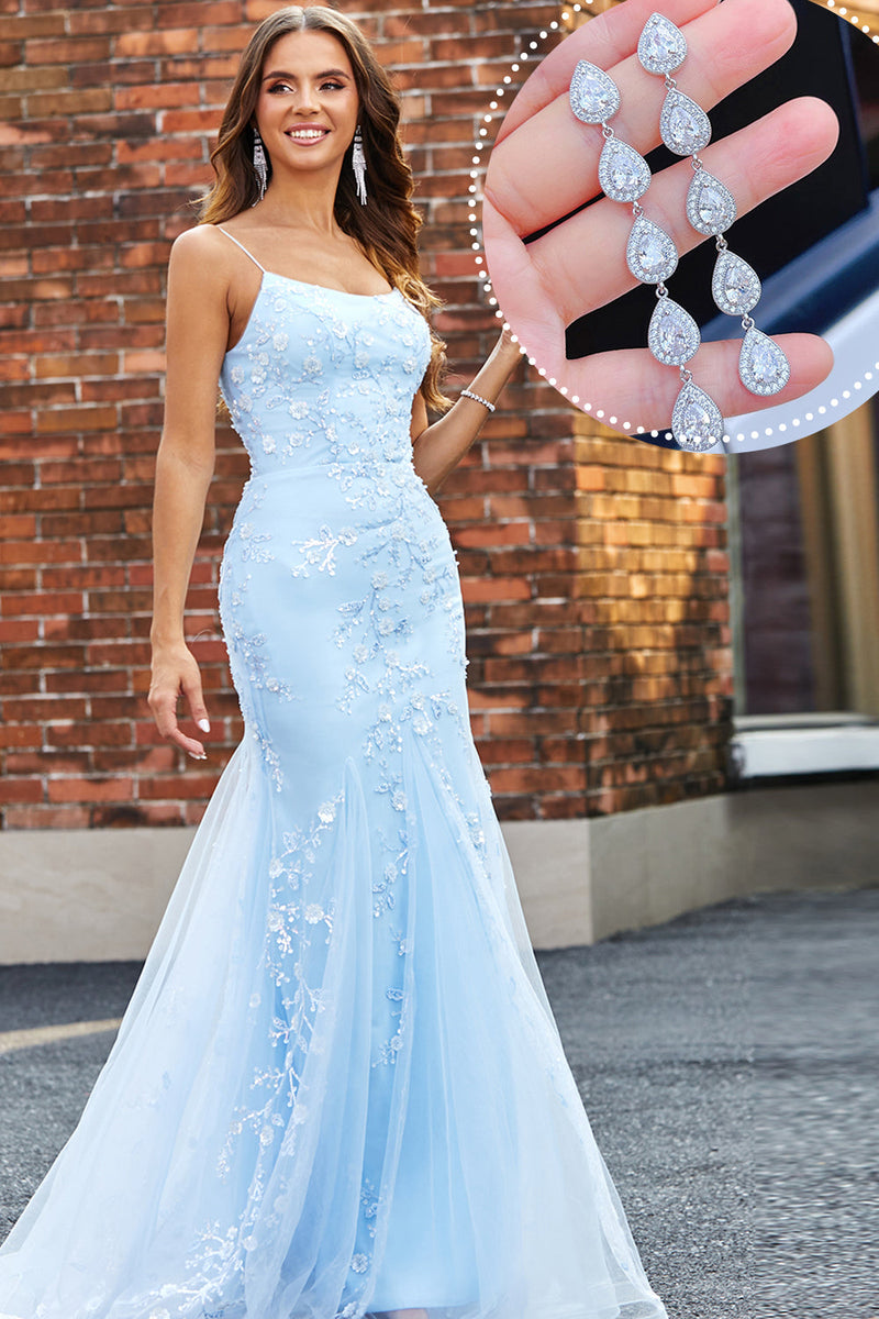 Afbeelding in Gallery-weergave laden, Lichtblauwe sprankelende kralen zeemeermin lange Prom jurk met accessoires Set