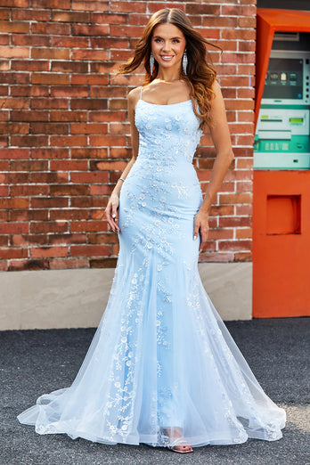 Lichtblauwe sprankelende kralen zeemeermin lange Prom jurk met accessoires Set