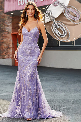 Beading Lila Sparkly zeemeermin lange Prom jurk met accessoire