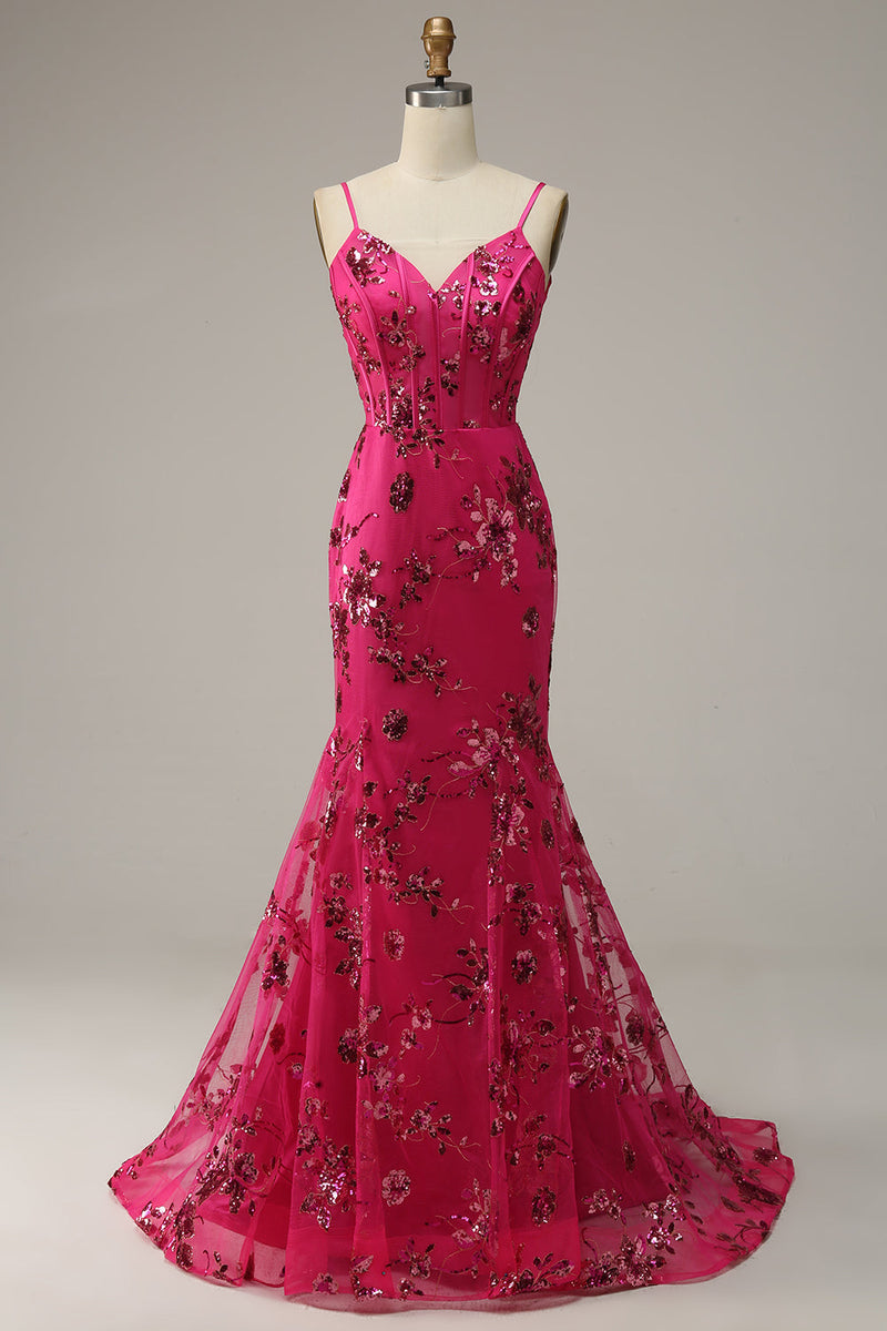 Afbeelding in Gallery-weergave laden, Hot Pink Pailletten Print Zeemeermin Prom Jurk