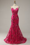 Hot Pink Pailletten Print Zeemeermin Prom Jurk