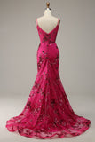 Hot Pink Pailletten Print Zeemeermin Prom Jurk