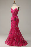 Hot Pink Pailletten Print Zeemeermin Prom Jurk