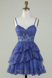 Leuke A Line Spaghetti Bandjes Donkerblauw Sprankelend Korset Homecoming Jurk