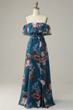 Donkerblauw Bloemen Boho Chiffon Lange Bruidsmeisje Jurk