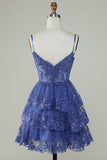Leuke A Line Spaghetti Bandjes Donkerblauw Sprankelend Korset Homecoming Jurk