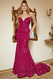 Zeemeermin Sweetheart Fuchsia Pailletten Lange Galajurk met Sweep Train