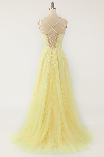 Gele Spaghetti Straps Prom Dress