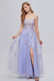 Lavendel Spaghetti Bandjes Appliques Long Prom Jurk met Spleet