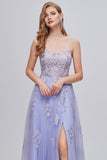 Lavendel Spaghetti Bandjes Appliques Long Prom Jurk met Spleet