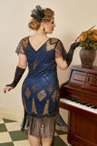 Blauwe Franjes Pailletten Grote maat 1920s Jurk